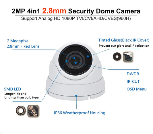 [FDT2M-28W]  APPRO 2.8mm Fixed Lens Dome Outdoor Surveillance Camera, 2MP 4in1 (TVI/AHD/CVI/CVBS), Smart IR Tech, Analog CCTV Security Camera, Metal, White, TEL Live Local Service