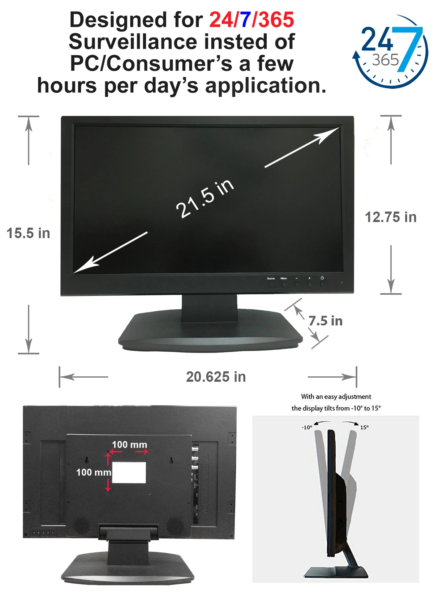 [AP-HD215] 21.5" ANALOG HD OVER BNC CONNECTOR, PERFECT MONITOR FOR APPLICATION WITHOUT DVR, PROFESSIONAL LED SECURITY MONITOR DIRECTLY WORK WITH HD-TVI, AHD, CVI & CVBS CAMERA, 1X HDMI & 2X BNC VIDEO INPUTS FOR CCTV DVR HOME OFFICE SURVEILLANCE SYSTEM